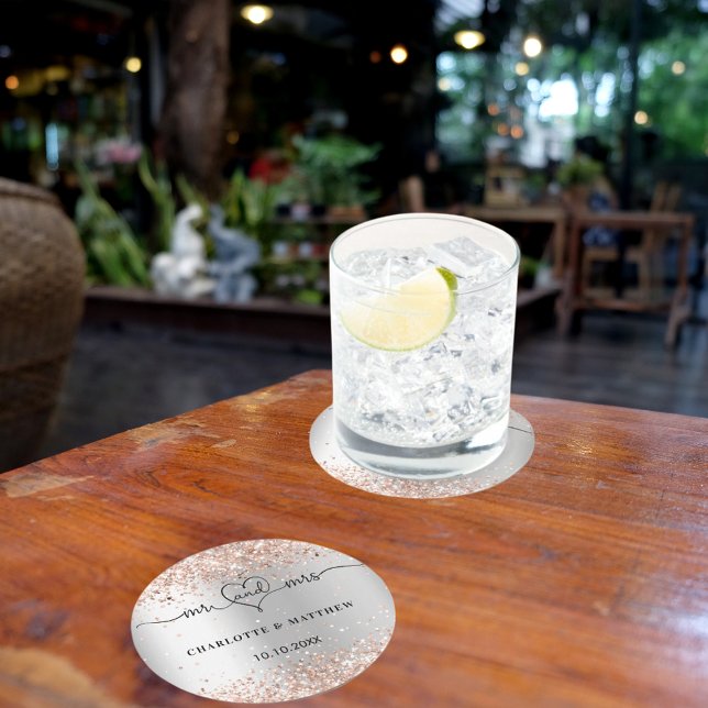 Silver rose gold mr mrs heart script round paper coaster (Creator Uploaded)