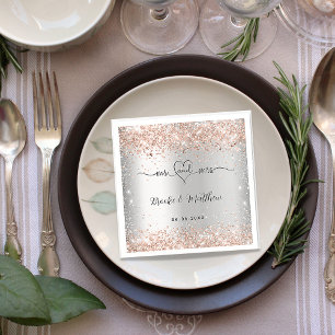 Silver rose gold mr mrs heart wedding napkins