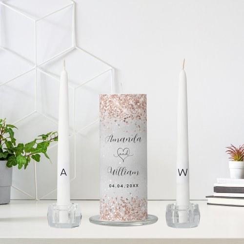 Silver rose gold names script monogram wedding unity candle set