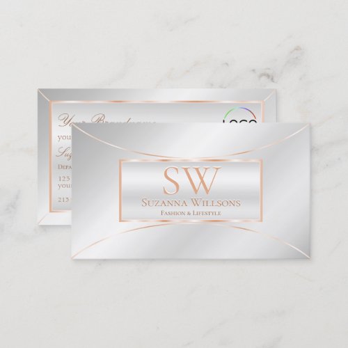 Silver Rose Gold Ornate with Monogram and Logo Business Card