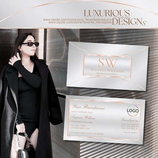 Silver Rose Gold Ornate with Monogram and Logo Business Card (Creator Uploaded)