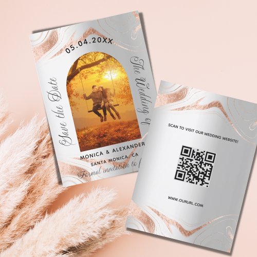 Silver rose gold photo QR wedding save the date