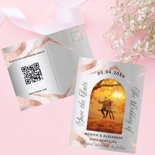 Silver rose gold photo QR wedding save the date Announcement Postcard