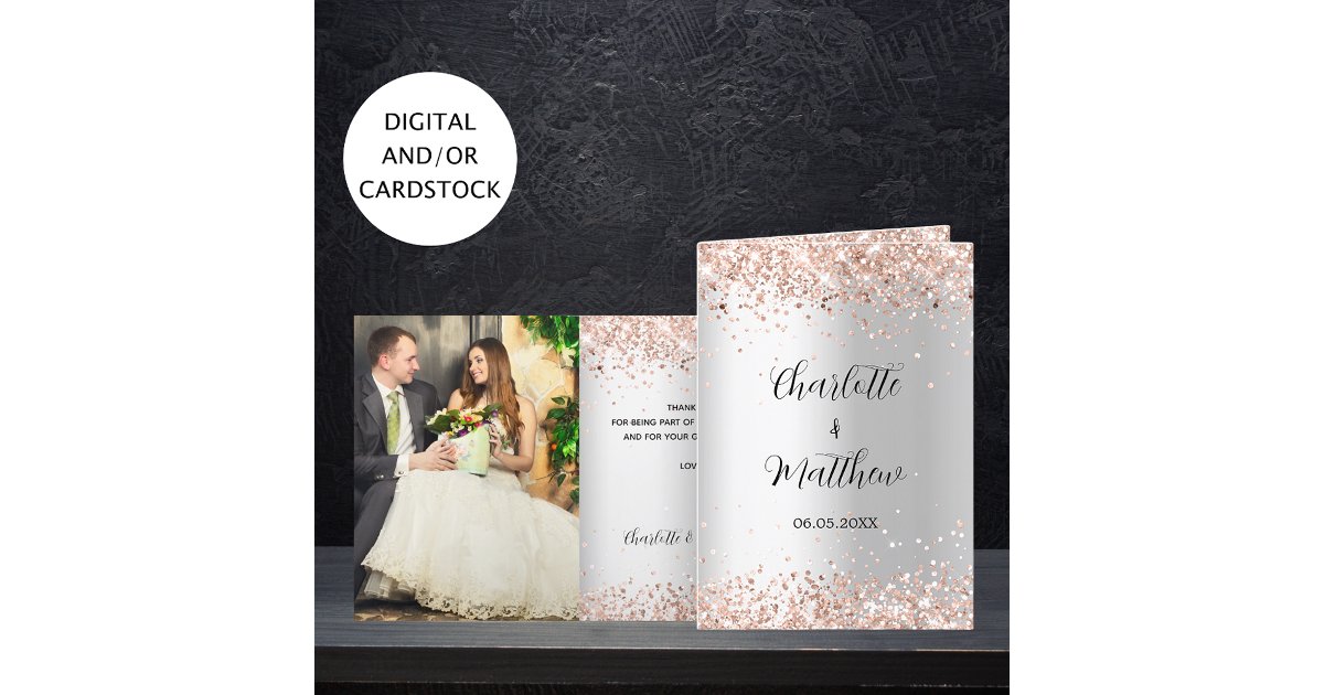 Silver rose gold photo wedding thank you card | Zazzle