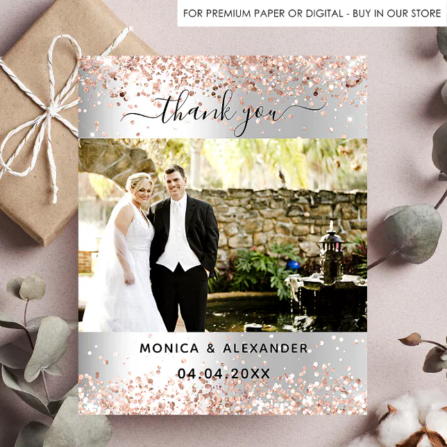 Silver rose gold photo wedding thank you card | Zazzle