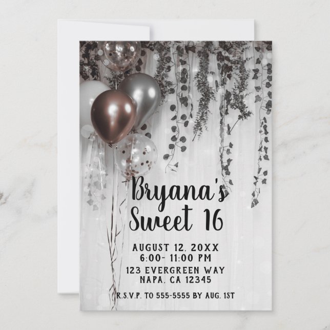 Silver & Rose Gold Pink Balloons Ivy Sweet 16 Invitation (Front)