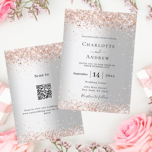 Silver rose gold QR code RSVP details wedding Invitation