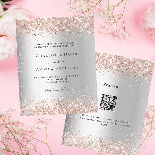 Silver rose gold QR RSVP budget wedding invitation