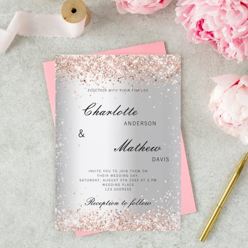 Silver rose gold script formal wedding invitation
