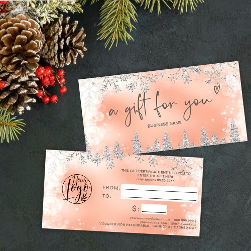 Silver rose gold snow pine logo gift certificate