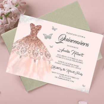 Silver Rose Gold Sparkle Dress Quinceanera Invitation by LittleBayleigh at Zazzle