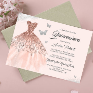 Silver Rose Gold Sparkle Dress Quinceanera Invitation