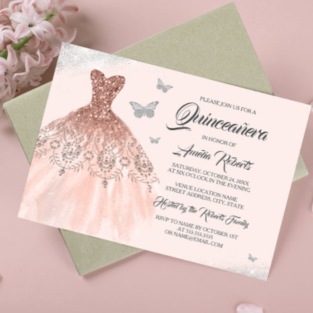 Silver Rose Gold Sparkle Dress Quinceanera Invitation