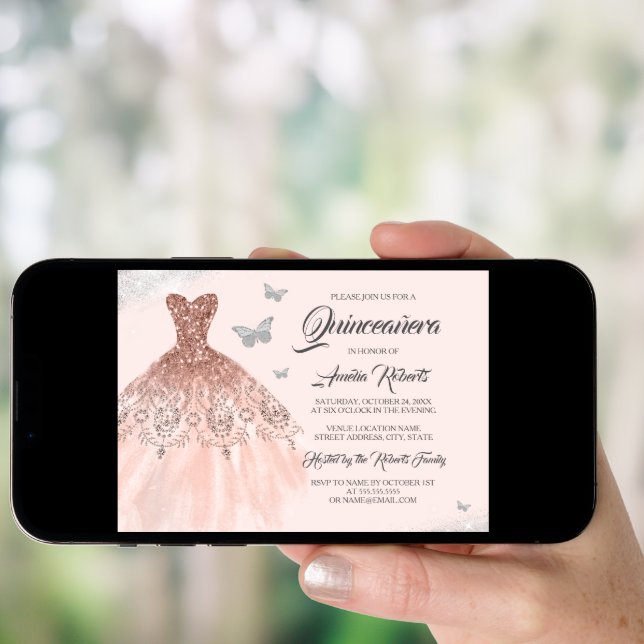Silver Rose Gold Sparkle Dress Quinceanera Invitation (Front Digital)