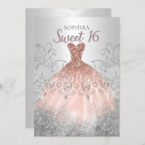 Silver Rose Gold Sparkle Dress Sweet 16 birthday Invitation