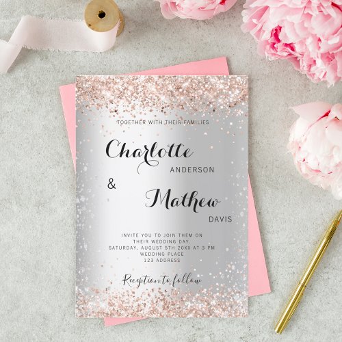 Silver rose gold sparkle formal wedding invitation