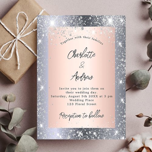 Silver rose gold sparkles elegant wedding invitation