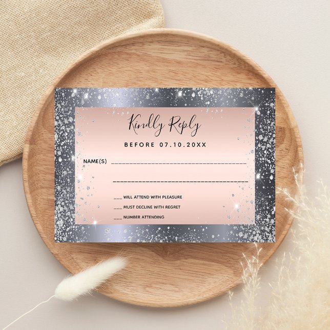 Silver rose gold sparkles wedding RSVP Card (Creator Uploaded)