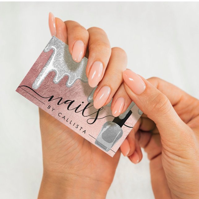 Silver Rose Gold Thick Glitter Drips Polish Nails Business Card (Creator Uploaded)