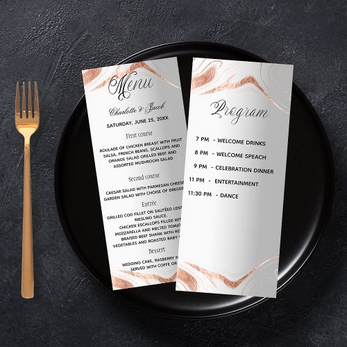 Silver rose gold wedding dinner menu program card