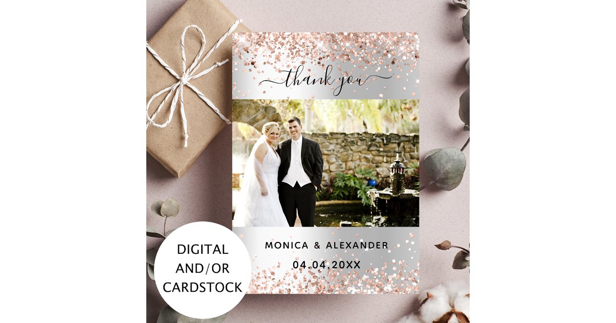 Silver rose gold wedding photo thank you card | Zazzle