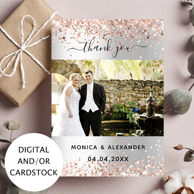 Silver rose gold wedding photo thank you card | Zazzle