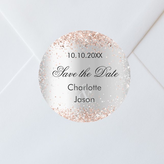Silver rose gold wedding Save the Date Classic Round Sticker (Creator Uploaded)