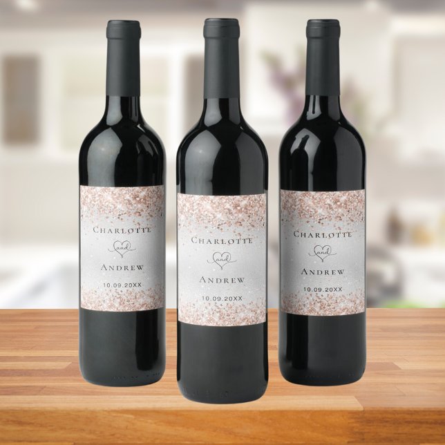 Silver rose gold wedding wine label (Creator Uploaded)