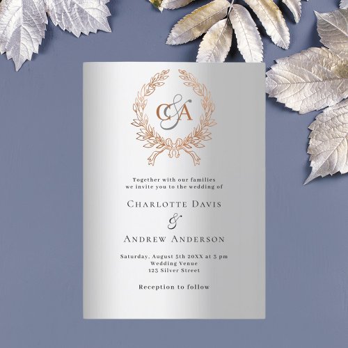 Silver rose gold wreath monogram luxury wedding invitation