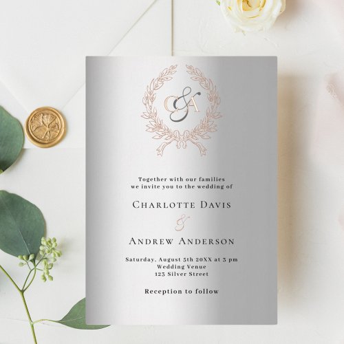 Silver rose gold wreath monogram wedding foil invitation