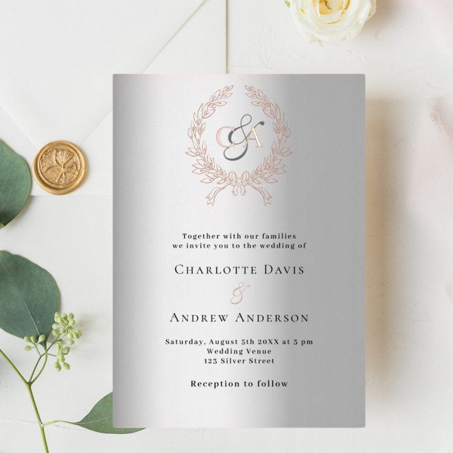 Silver rose gold wreath monogram wedding foil invitation (Creator Uploaded)