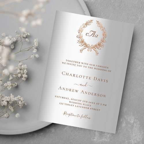 Silver rose gold wreath monogram wedding invitation