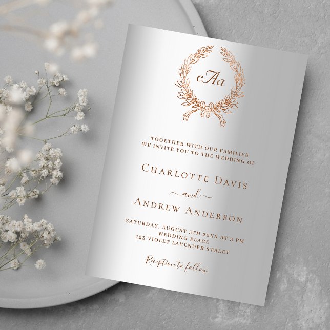 Silver rose gold wreath monogram wedding invitation (Creator Uploaded)