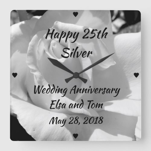 Silver Rose Happy Silver Wedding Anniversary Square Wall Clock