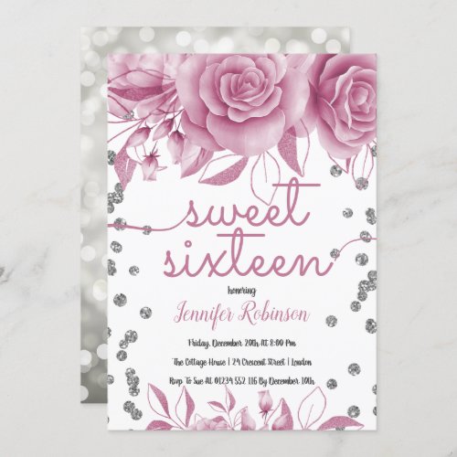 Silver Rose Pink Sweet 16  Floral Glitter Lights Invitation