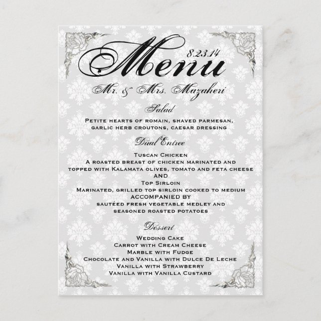 Silver Rose Wedding Dinner Menu Thank you Note (Front)