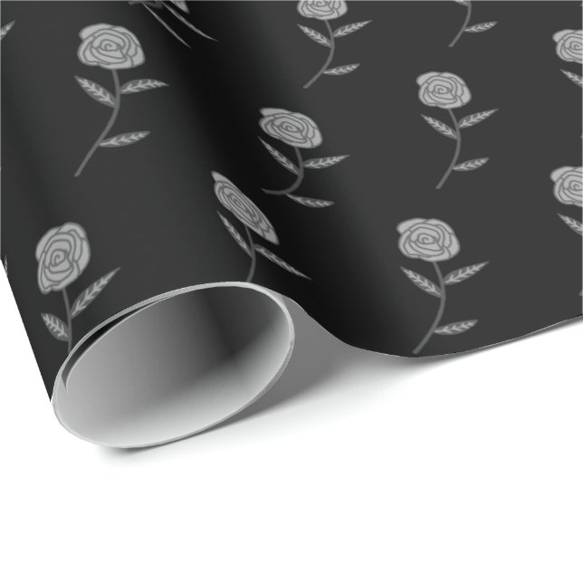 Silver Roses Ditsy Floral Black Holiday Gift Wrapping Paper (Roll Corner)