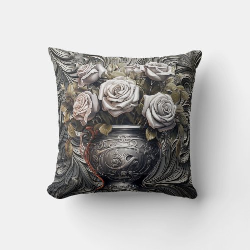 Silver Roses On Antique Silver Cotton Pillow 16x16