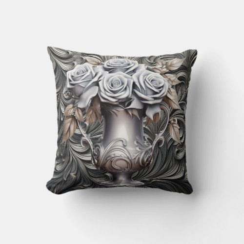 Silver Roses On Antique Silver Cotton Pillow 16x16