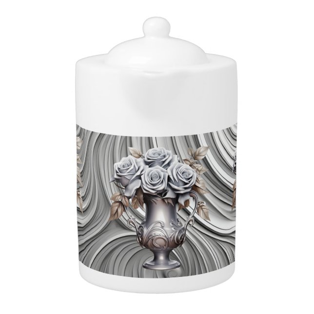 Silver Roses On Roses Porcelain Teapot 40ozs (Front)