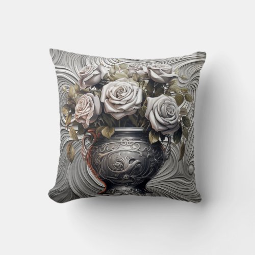 Silver Roses On Silver Square Pillow  16x16