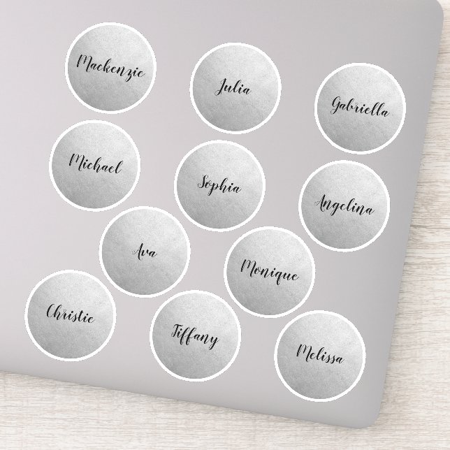 Silver Round Circle Individual Names Party Favor Sticker (Detail)