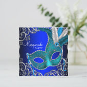 Silver Royal and Teal Blue Masquerade Party Invitation (Standing Front)