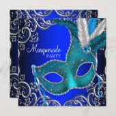 Silver Royal and Teal Blue Masquerade Party Invitation (Front/Back)