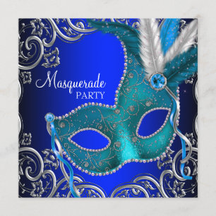 Silver Royal and Teal Blue Masquerade Party Invitation