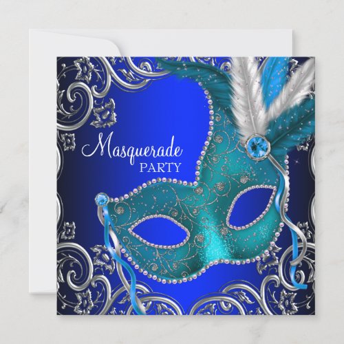 Silver Royal and Teal Blue Masquerade Party Invitation