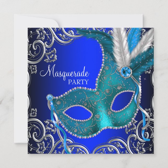 Silver Royal and Teal Blue Masquerade Party Invitation (Front)