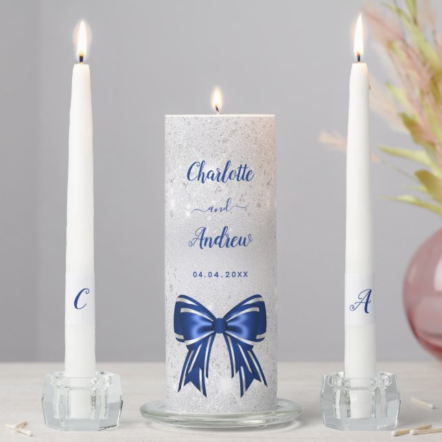 Silver royal blue bow names wedding  unity candle set (In Situ)