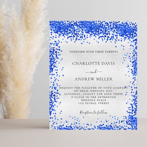 Silver royal blue budget wedding invitation