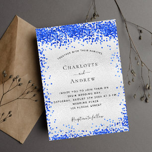 Silver royal blue confetti luxury wedding invitation